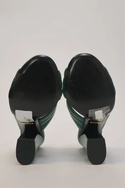 Green quilted leather round-toe Webby criss-cross strap block heel mules