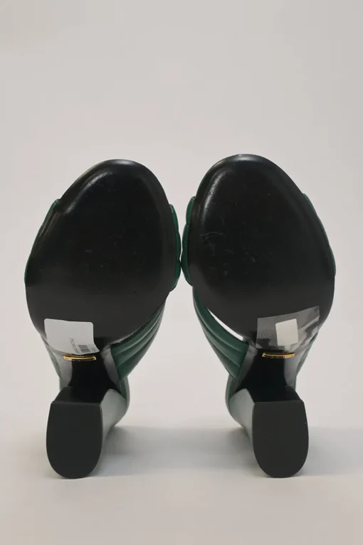 Green quilted leather round-toe Webby criss-cross strap block heel mules
