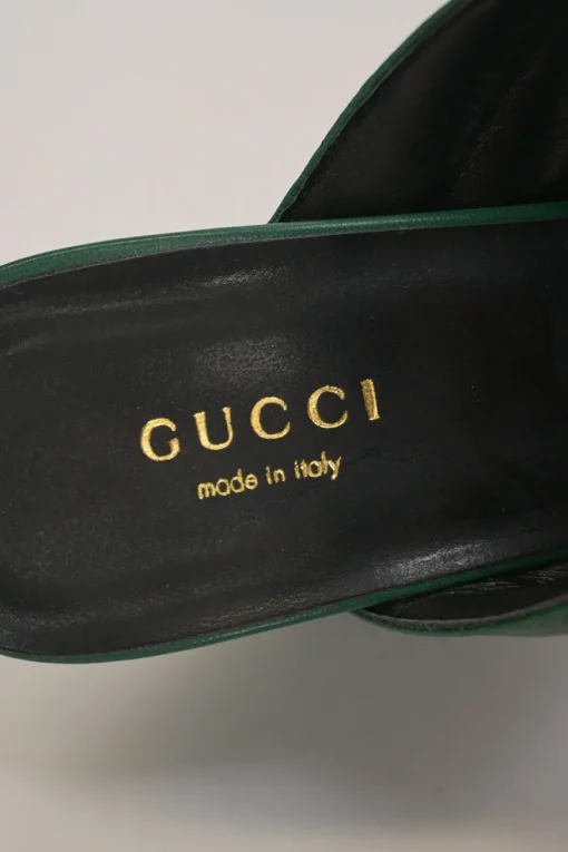Green quilted leather round-toe Webby criss-cross strap block heel mules