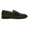 Green ribbed velvet and reptile leather square-toe penny loafers with herringbone pattern uppers