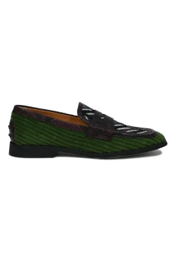 Green ribbed velvet and reptile leather square-toe penny loafers with herringbone pattern uppers