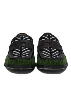 Green ribbed velvet and reptile leather square-toe penny loafers with herringbone pattern uppers