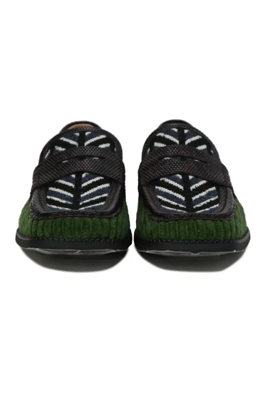 Green ribbed velvet and reptile leather square-toe penny loafers with herringbone pattern uppers