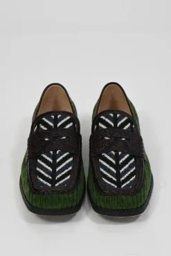 Green ribbed velvet and reptile leather square-toe penny loafers with herringbone pattern uppers