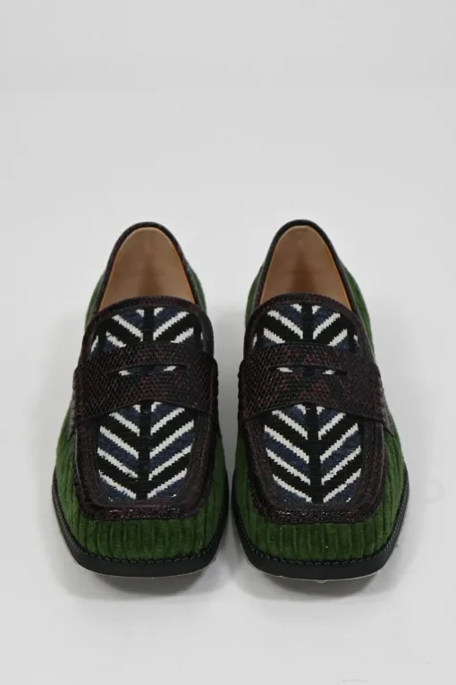 Green ribbed velvet and reptile leather square-toe penny loafers with herringbone pattern uppers