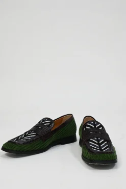 Green ribbed velvet and reptile leather square-toe penny loafers with herringbone pattern uppers