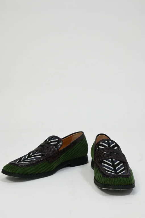 Green ribbed velvet and reptile leather square-toe penny loafers with herringbone pattern uppers
