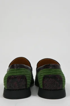Green ribbed velvet and reptile leather square-toe penny loafers with herringbone pattern uppers