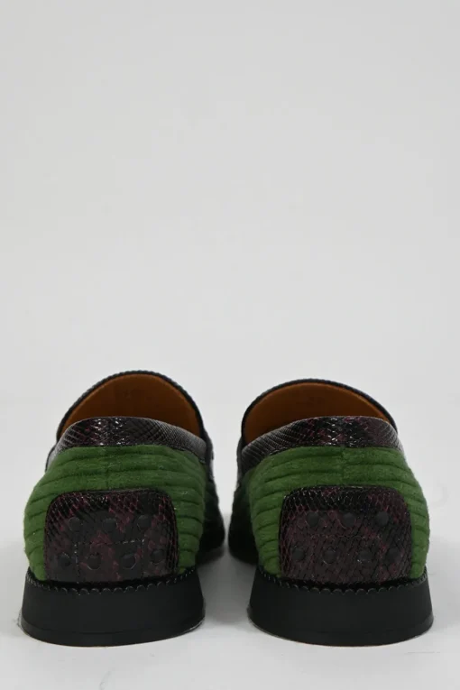 Green ribbed velvet and reptile leather square-toe penny loafers with herringbone pattern uppers