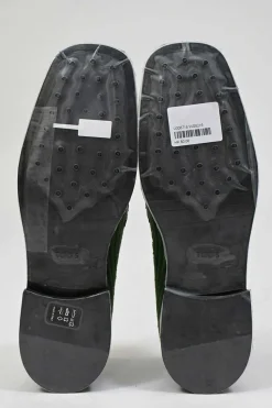 Green ribbed velvet and reptile leather square-toe penny loafers with herringbone pattern uppers