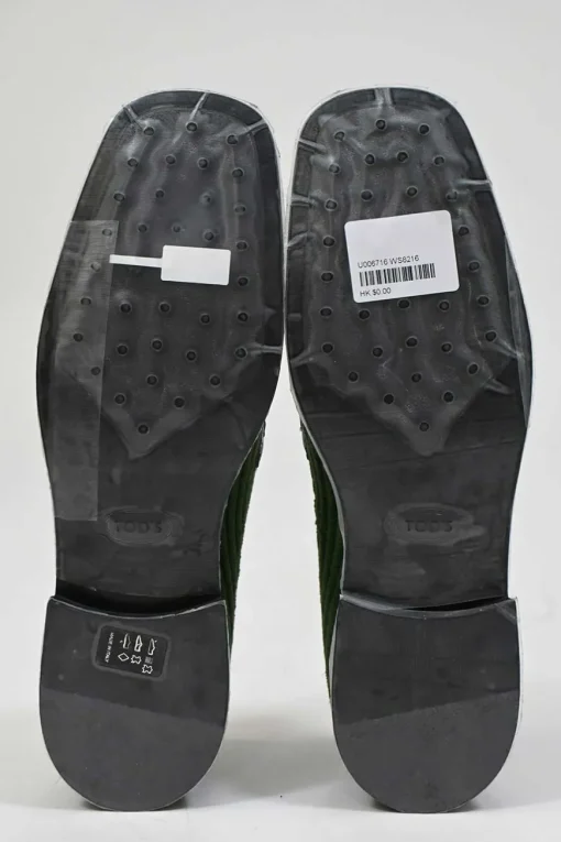 Green ribbed velvet and reptile leather square-toe penny loafers with herringbone pattern uppers