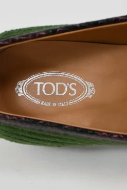 Green ribbed velvet and reptile leather square-toe penny loafers with herringbone pattern uppers