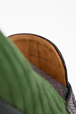 Green ribbed velvet and reptile leather square-toe penny loafers with herringbone pattern uppers