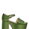 Green satin and leather twin strap block heel platform sandals