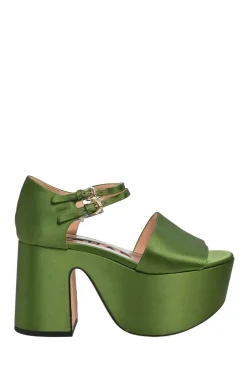 Green satin and leather twin strap block heel platform sandals