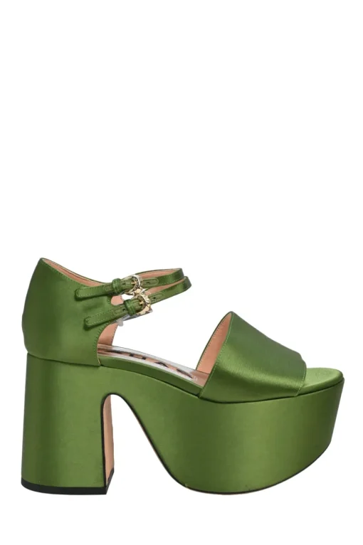 Green satin and leather twin strap block heel platform sandals