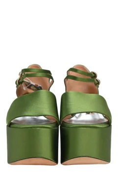Green satin and leather twin strap block heel platform sandals