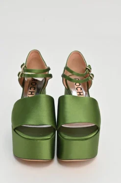Green satin and leather twin strap block heel platform sandals