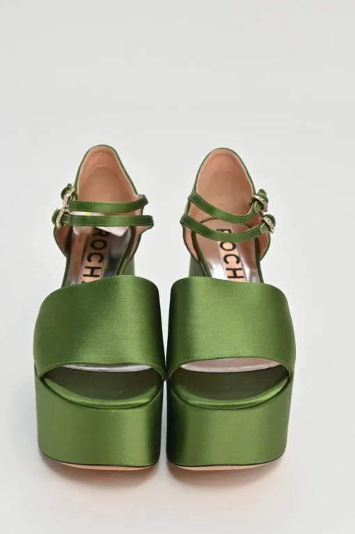 Green satin and leather twin strap block heel platform sandals