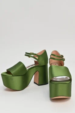 Green satin and leather twin strap block heel platform sandals