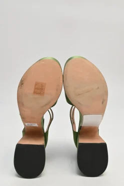 Green satin and leather twin strap block heel platform sandals
