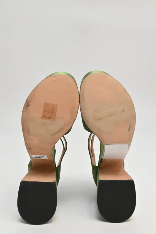 Green satin and leather twin strap block heel platform sandals
