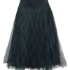 Green semi-sheer cotton-polyamide bias-cut check tulle pleated midi A-line skirt