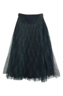 Green semi-sheer cotton-polyamide bias-cut check tulle pleated midi A-line skirt