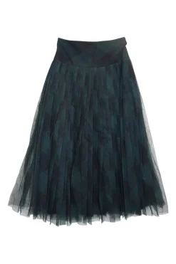 Green semi-sheer cotton-polyamide bias-cut check tulle pleated midi A-line skirt