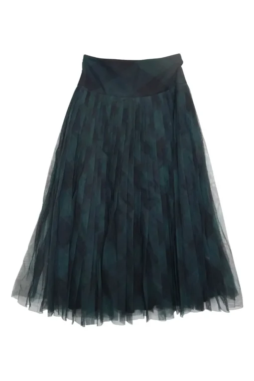 Green semi-sheer cotton-polyamide bias-cut check tulle pleated midi A-line skirt