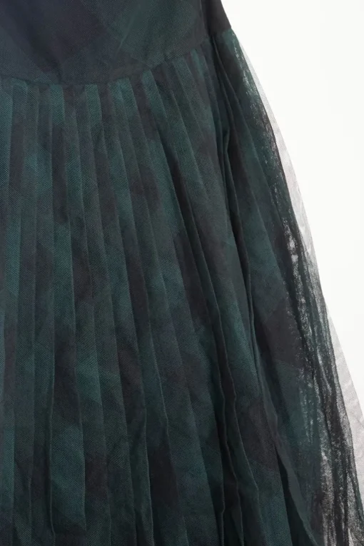 Green semi-sheer cotton-polyamide bias-cut check tulle pleated midi A-line skirt