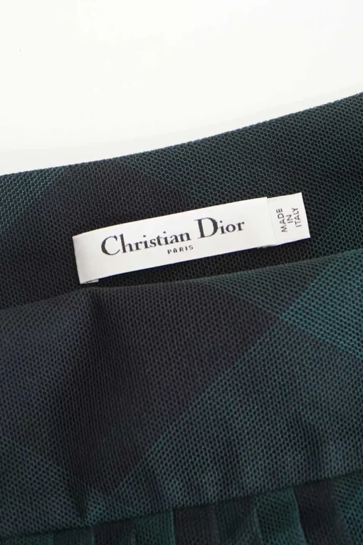 Green semi-sheer cotton-polyamide bias-cut check tulle pleated midi A-line skirt