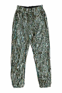 Green sequin-embellished polyester high-rise tapered leg trousers