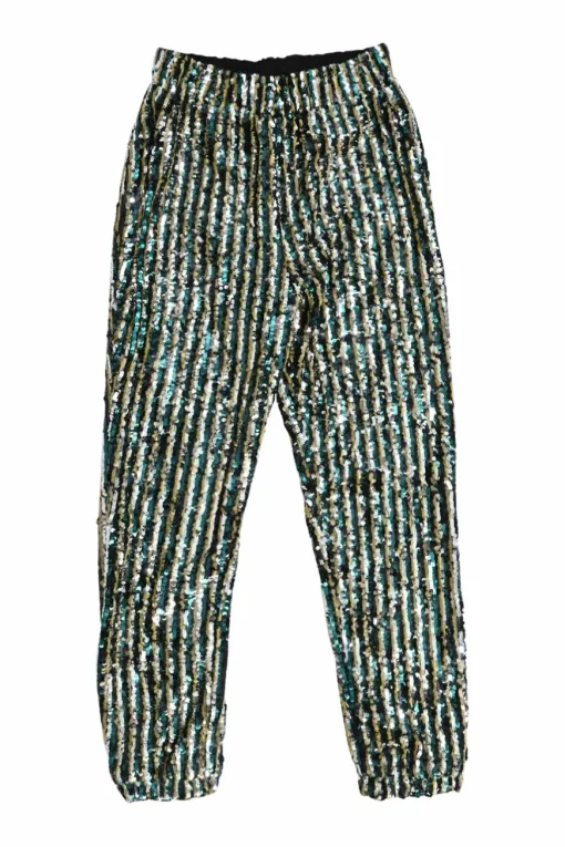 Green sequin-embellished polyester high-rise tapered leg trousers