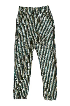 Green sequin-embellished polyester high-rise tapered leg trousers