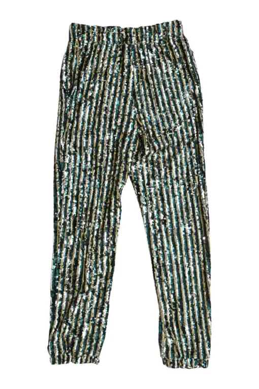 Green sequin-embellished polyester high-rise tapered leg trousers