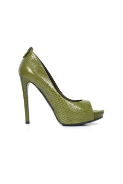 Green snakeskin open toe pumps
