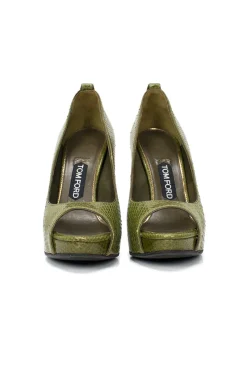 Green snakeskin open toe pumps