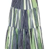 Green striped cotton pull-on tiered A-line maxi skirt