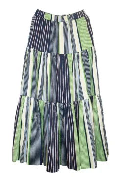 Green striped cotton pull-on tiered A-line maxi skirt