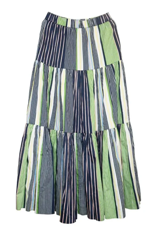 Green striped cotton pull-on tiered A-line maxi skirt