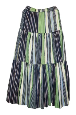 Green striped cotton pull-on tiered A-line maxi skirt