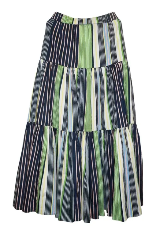 Green striped cotton pull-on tiered A-line maxi skirt