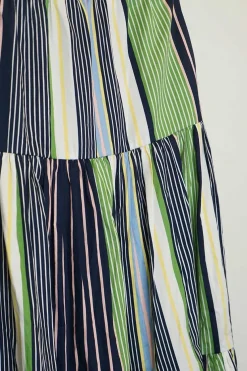 Green striped cotton pull-on tiered A-line maxi skirt