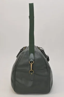 Green Taiga leather Kendall convertible weekender bag with detachable shoulder strap