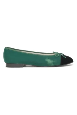 Green velvet and leather round-toe ballerinas featuring contrasting Coco Mark topstitched cap toes