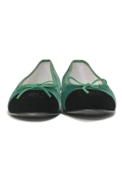 Green velvet and leather round-toe ballerinas featuring contrasting Coco Mark topstitched cap toes