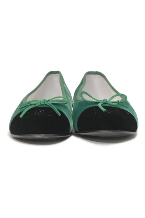 Green velvet and leather round-toe ballerinas featuring contrasting Coco Mark topstitched cap toes
