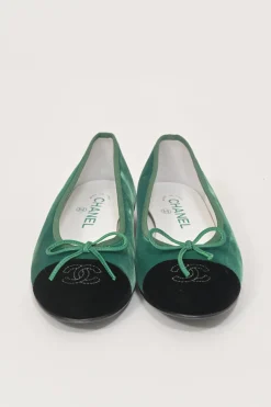 Green velvet and leather round-toe ballerinas featuring contrasting Coco Mark topstitched cap toes