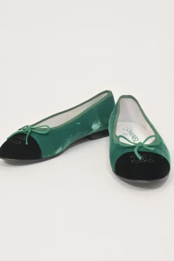 Green velvet and leather round-toe ballerinas featuring contrasting Coco Mark topstitched cap toes
